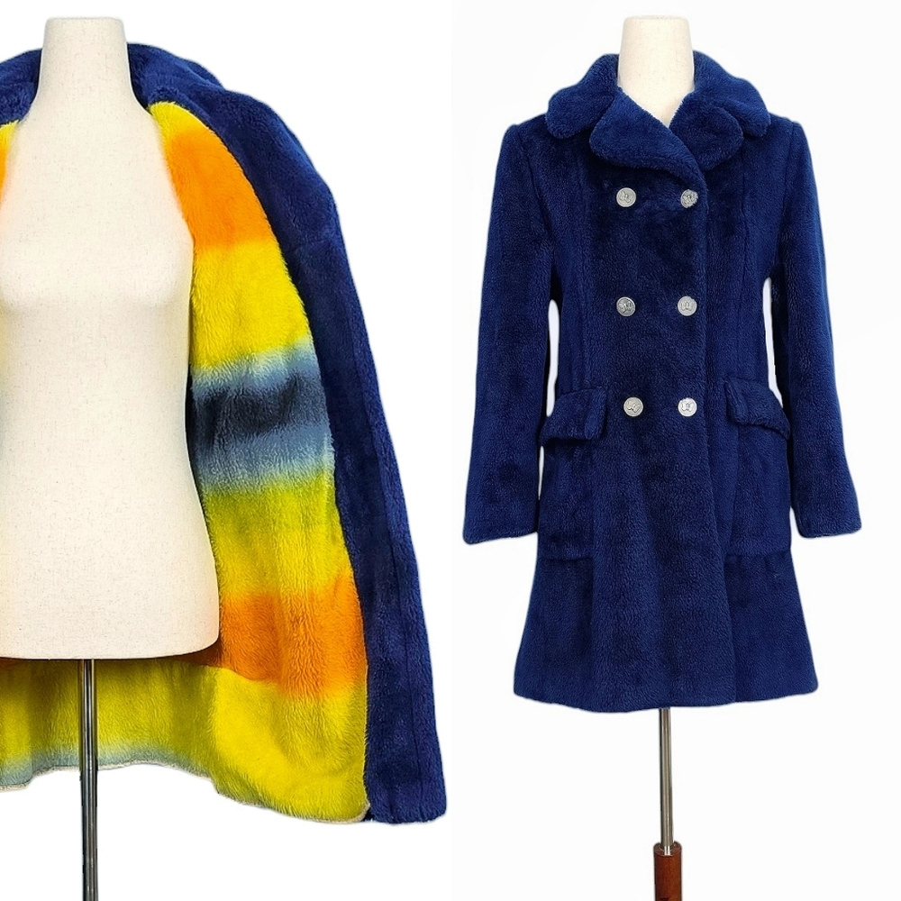 1960s Vintage Coat 60s Mod Soft Plush Faux Fur Dark Blue Yellow Orange XS Small